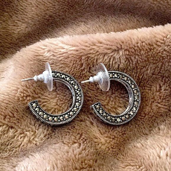 VTG Sterling Silver Marcasite Hoop Earrings - Picture 7 of 7